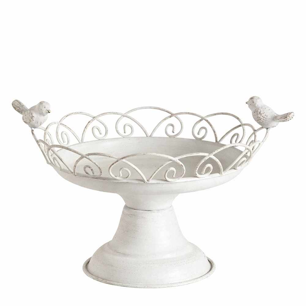 Acquista l'alzatina in metallo Mathilde M con decoro uccellini. Finitura bianco antico ideale come centrotavola o svuotatasche provenzale a Manfredonia Foggia