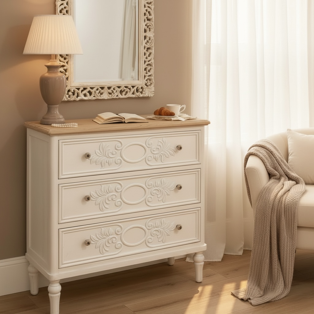 Cassettiera Shabby Chic "coccole di casa" comò comoncino con 3 cassetti decorati. Design romantico con fregi floreali e piano naturale, ideale per camera da letto e soggiorno.
