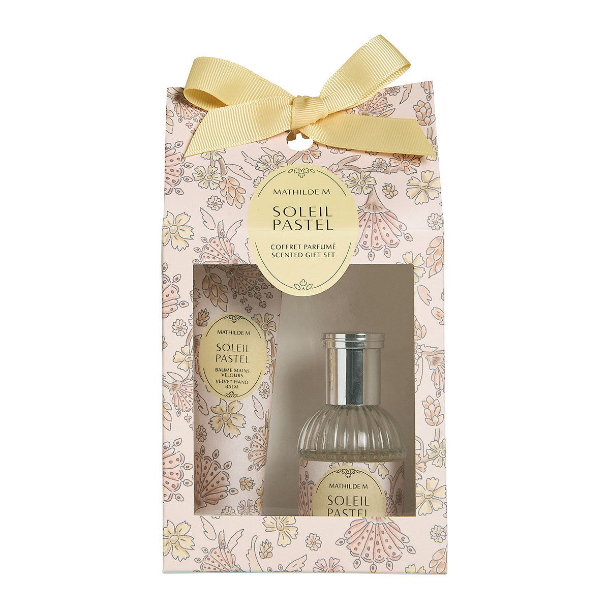 Cofanetto Mathilde M Soleil Pastel con eau de toilette 30 ml e balsamo mani. Note di tiarè, cocco e vaniglia per una fragranza estiva. Idea regalo raffinata.