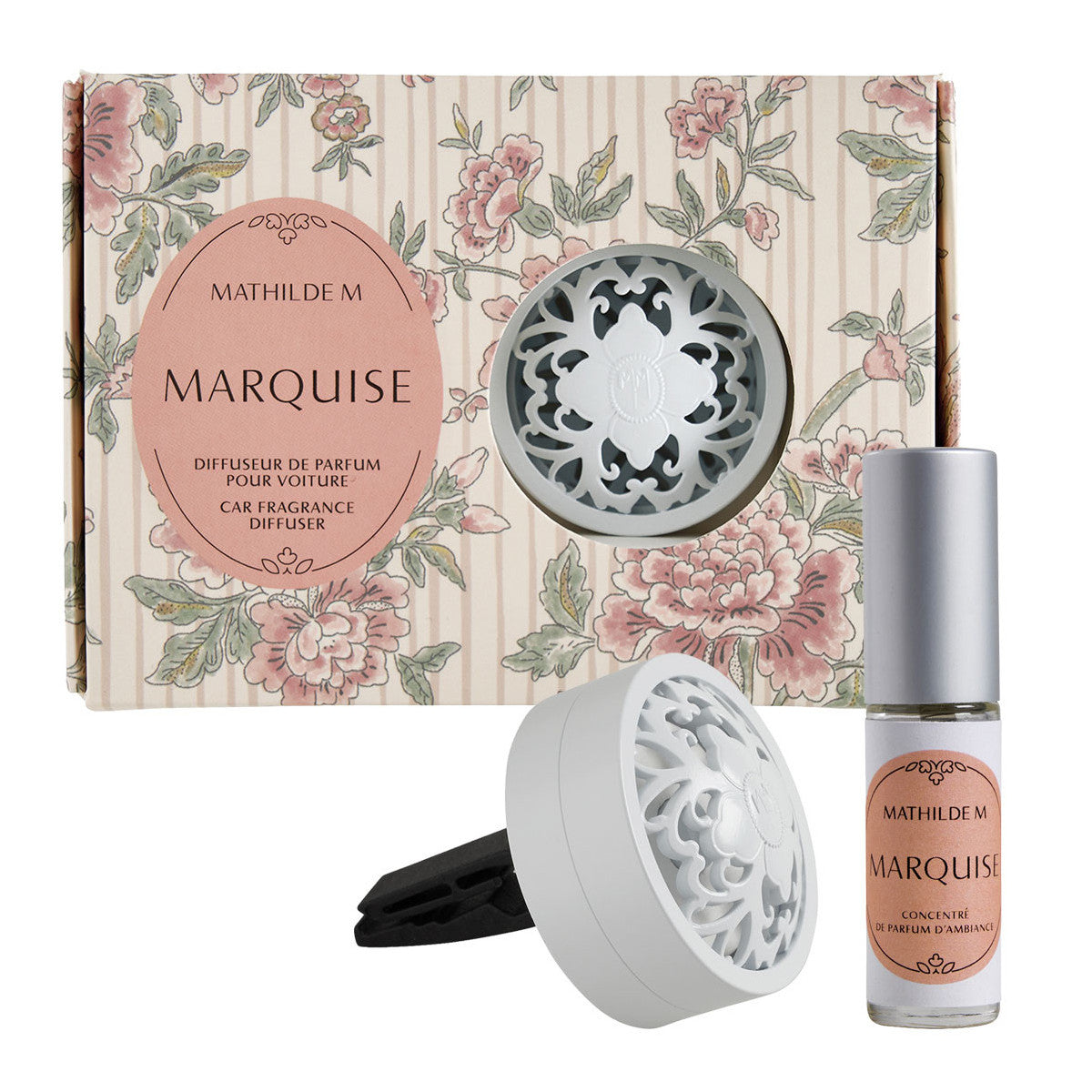 Rendi unico ogni viaggio con il diffusore auto Mathilde M. fragranza Marquise. Design elegante e note sensuali di vaniglia e muschio. Set con ricarica incluso.