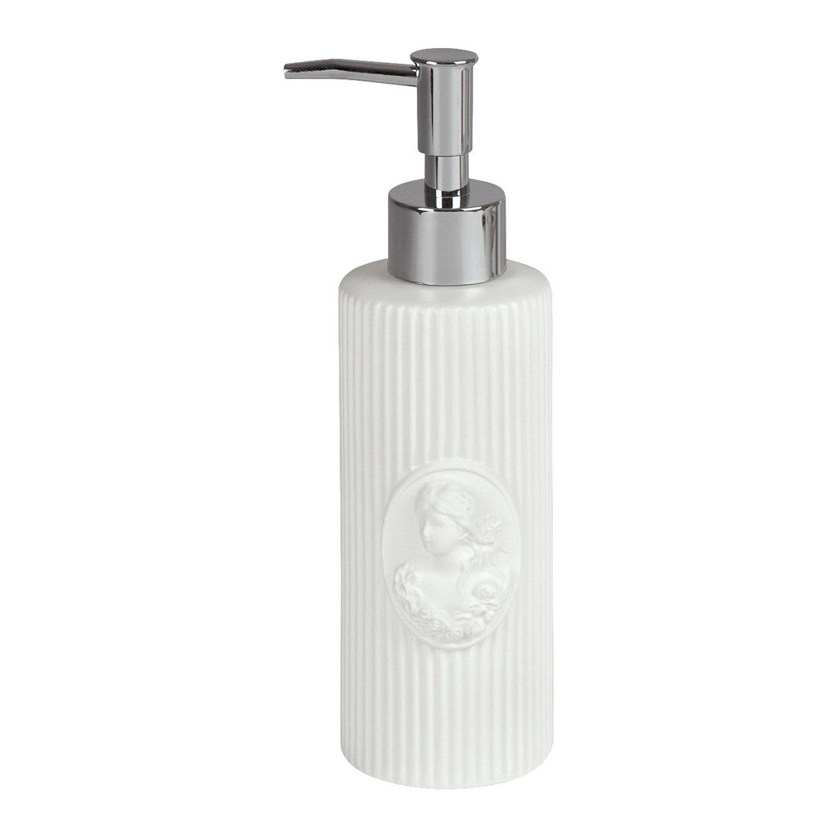 Dispenser in ceramica Marquise elegante e raffinato, con medaglione centrale. Perfetto per il bagno, abbinalo al postaspazzolini Marquise.