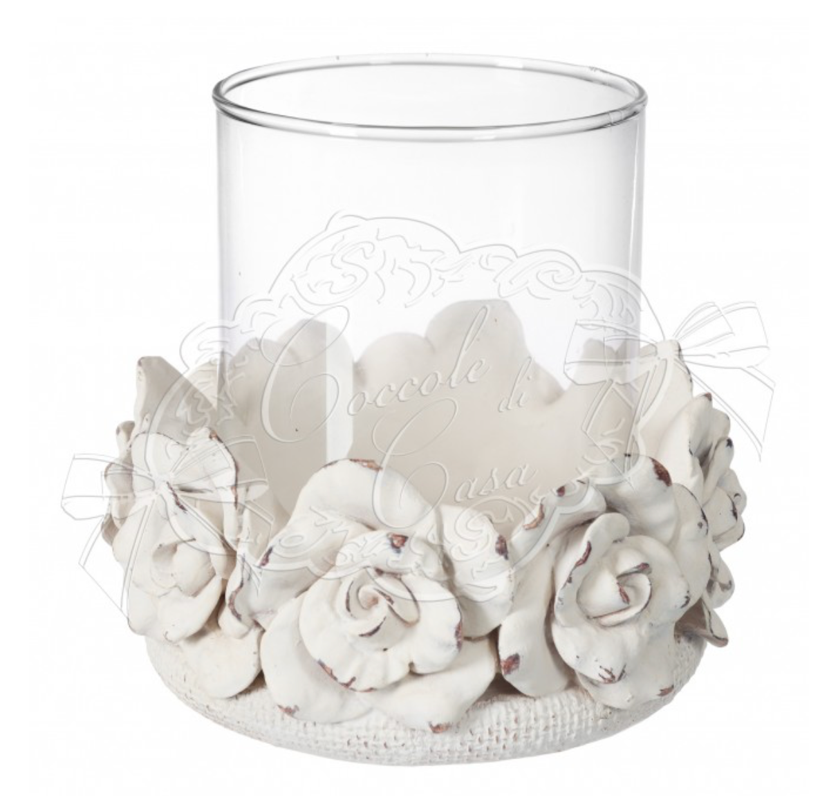 Portacandela Shabby Chic Coccole di Casa in poliresina avorio con rose in rilievo e cilindro in vetro. Ideale come centrotavola romantico. Misura 14x12 cm.