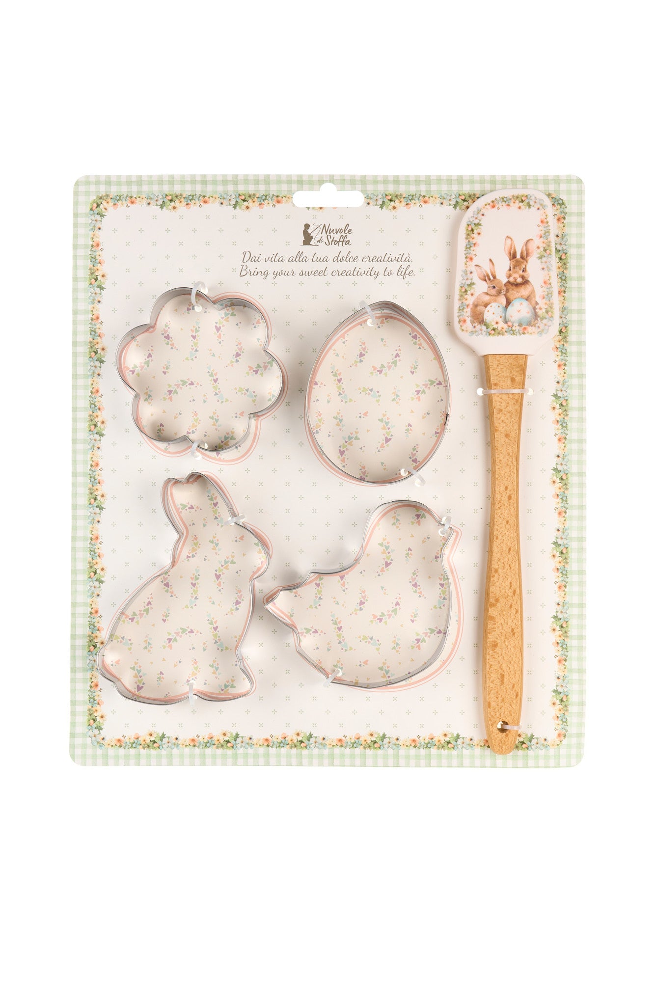 Set 5 pezzi Pepen Nuvole di Stoffa: spatola in silicone decorata e 4 stampini tagliabiscotti in acciaio a tema Pasqua. A manfredonia Foggia da Elisaromantichome