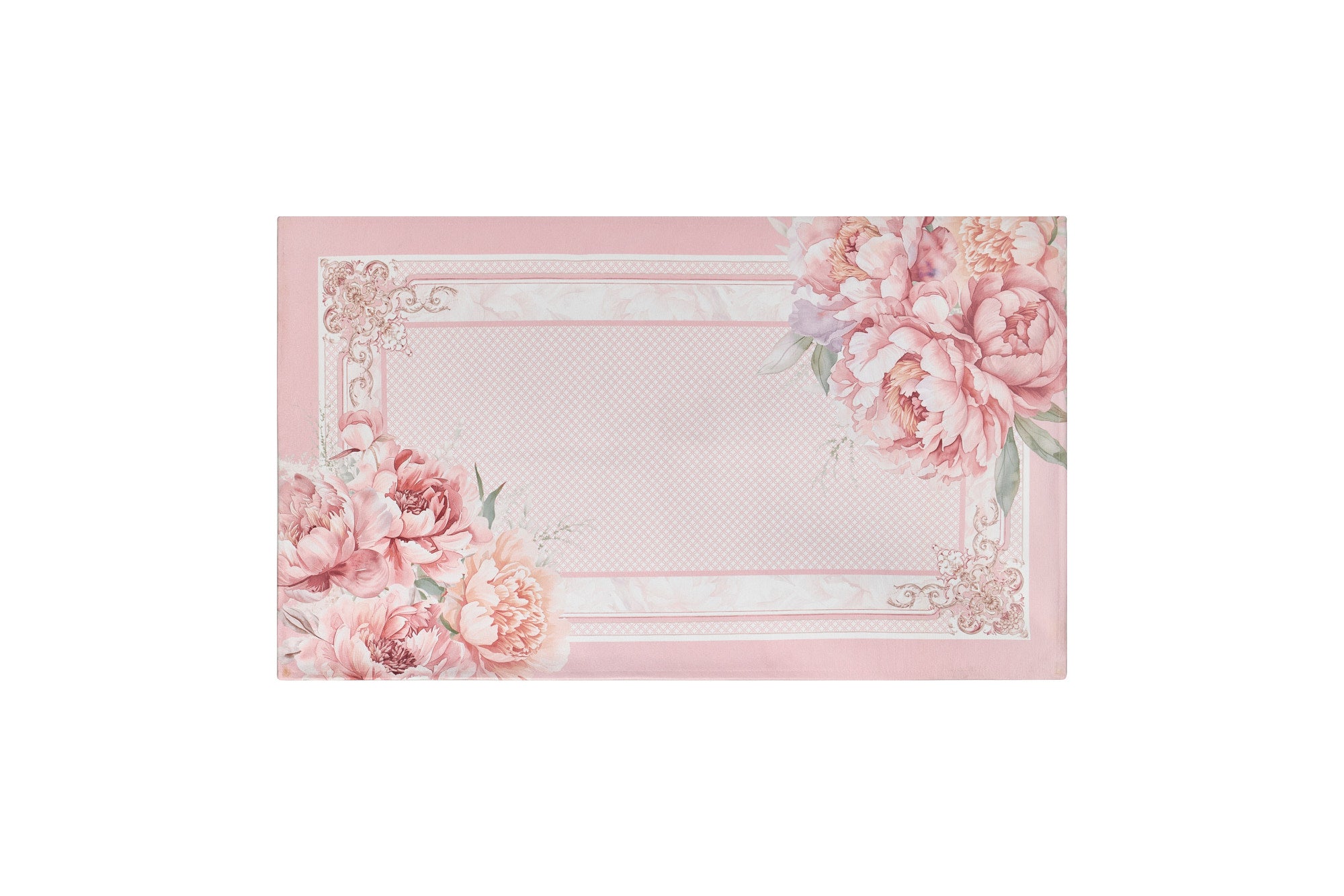 Tappeto rettangolare 58x120cm Nuvole di Stoffa collezione Fiorirà. Toni rosa cipria, peonie acquerellate e antiscivolo. Made in Italy. A Manfredonia Foggia