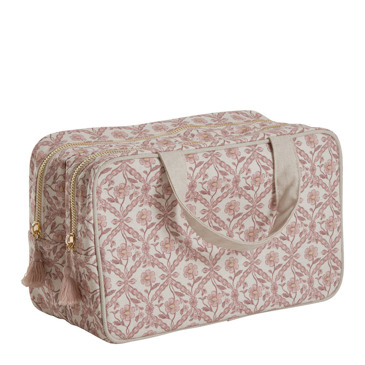 Beauty case grande Mathilde M Entrelacs Fleuri in cotone con doppio scomparto. Elegante, capiente e ideale per organizzare i tuoi prodotti a casa o in viaggio.