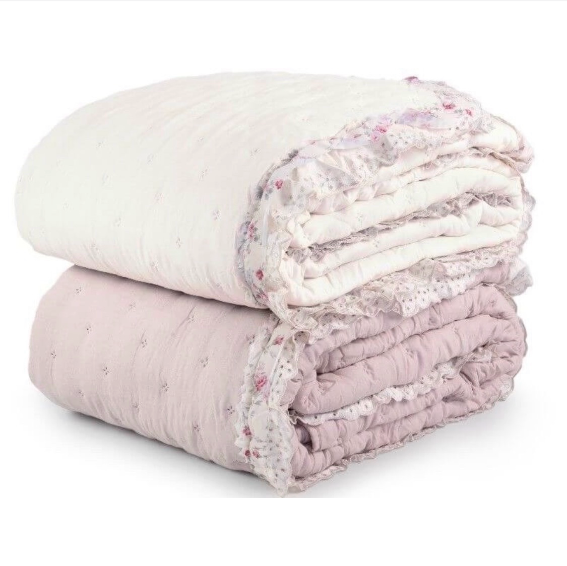 trapunta matrimoniale sinfonia lovely shabby mezzo peso rosa e avorio con gala in pizzo sangallo